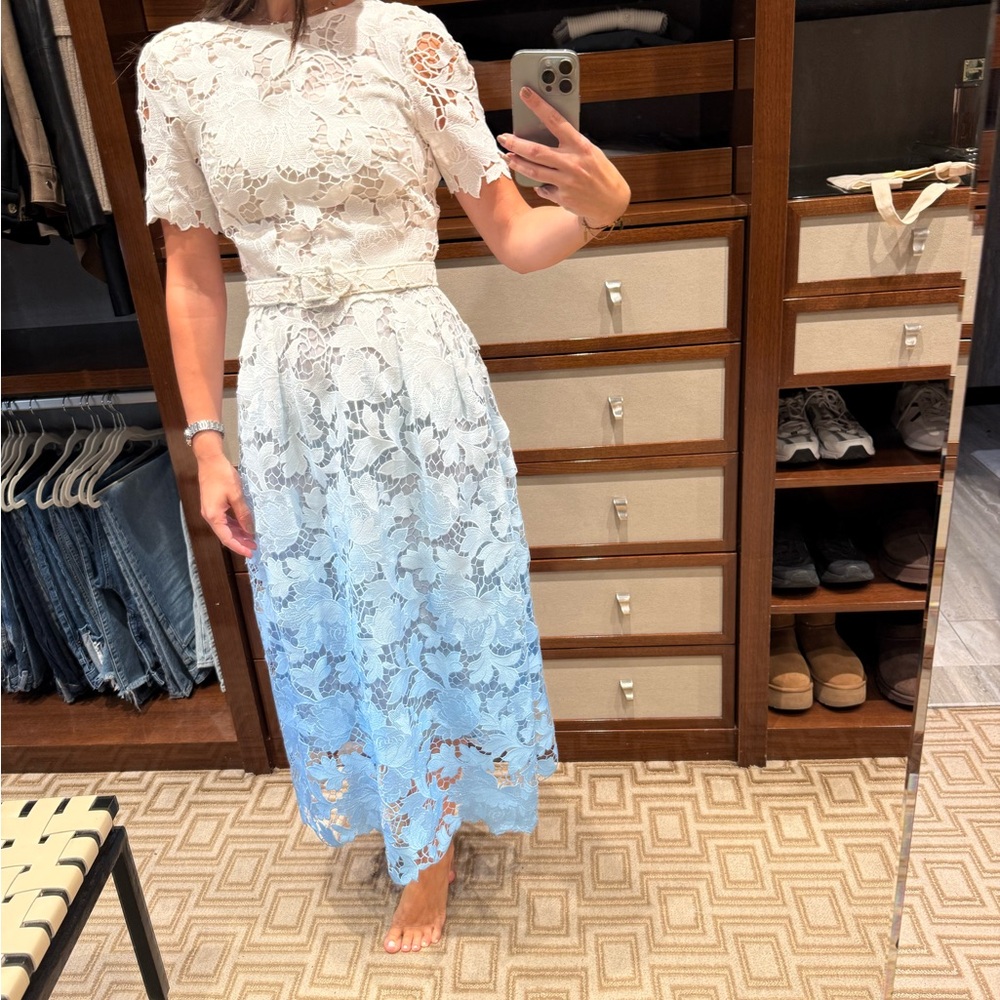 Oscar de la Renta White to Light Blue Lace Midi Dress